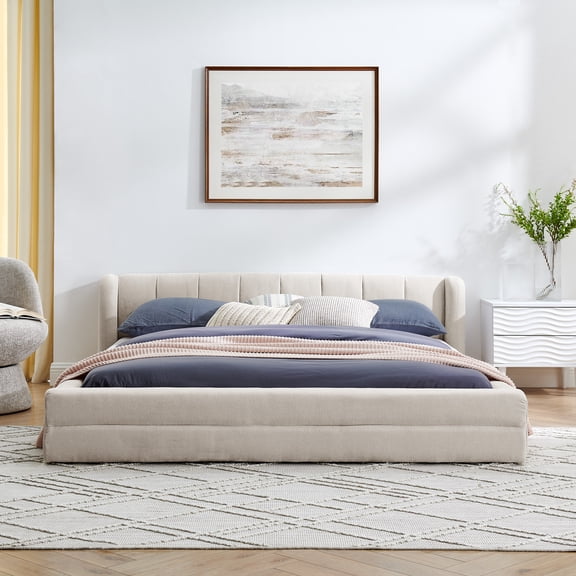 Queen Size Upholstered Bed Frame with Chenille Fabric, Grounded Platform Bed with Thick Headboard, Solid MDF Frame, No Box Spring Needed, Modern Beige Bed for Bedroom