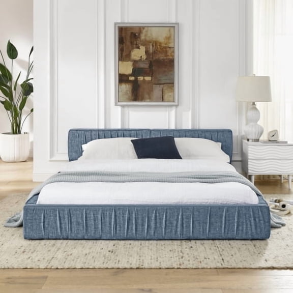 Queen Size Upholstered Bed Frame with Chenille fabric with pleated design,Grounded Queen Size Platform Bed with Headboard and Solid Frame. No Box Spring Needed, Dark Blue