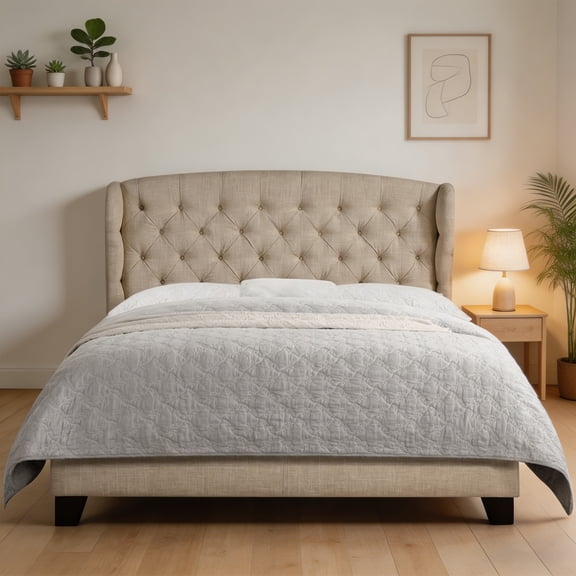 Queen Size Upholstered Bed Frame  Classical Style with Adjustable Button Tufted Headboard, Platform Bed with Wooden Slat Support, No Box Spring Needed, Easy Assembly, Beige
