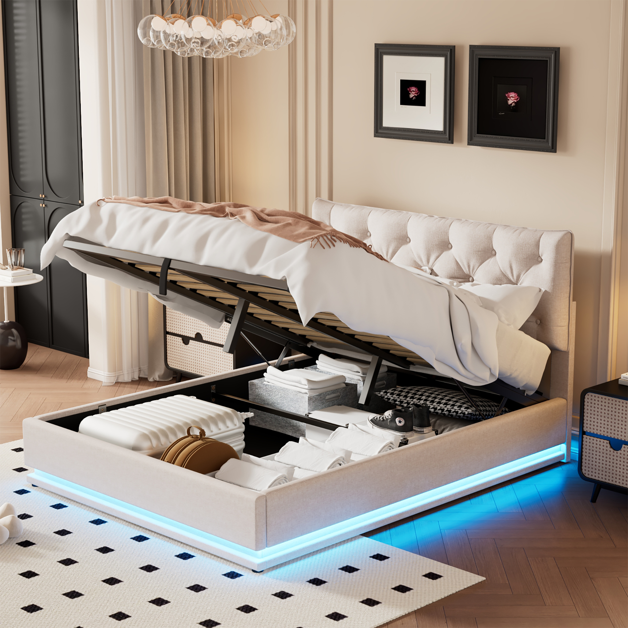 Queen Size Upholstered Bed Frame with Hydraulic Storage System and LED