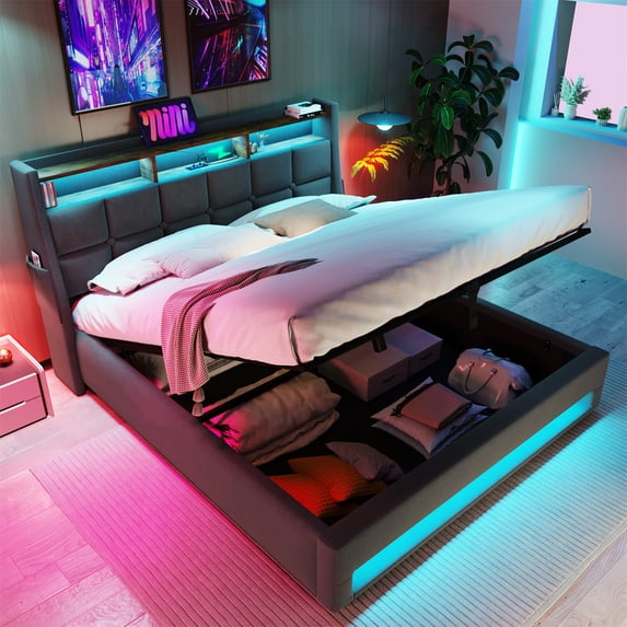 Queen Size Upholstered Bed Frame with Hydraulic Storage System and LED Light, Wooden Platform Bed with Button-Tufted Storage Headboard and USB Charging