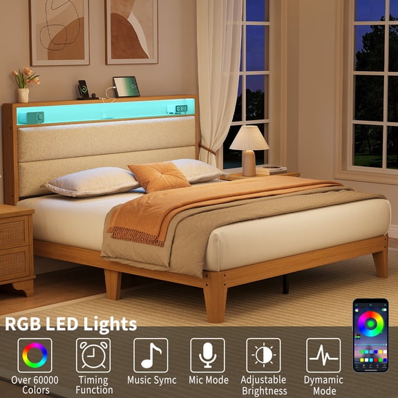 Queen Size Upholstered Bed Frame with LED Lights & Charging Station, Boucle Headboard Platform Bed with Wooden Slats, No Box Spring Needed, Easy Assembly,Beige