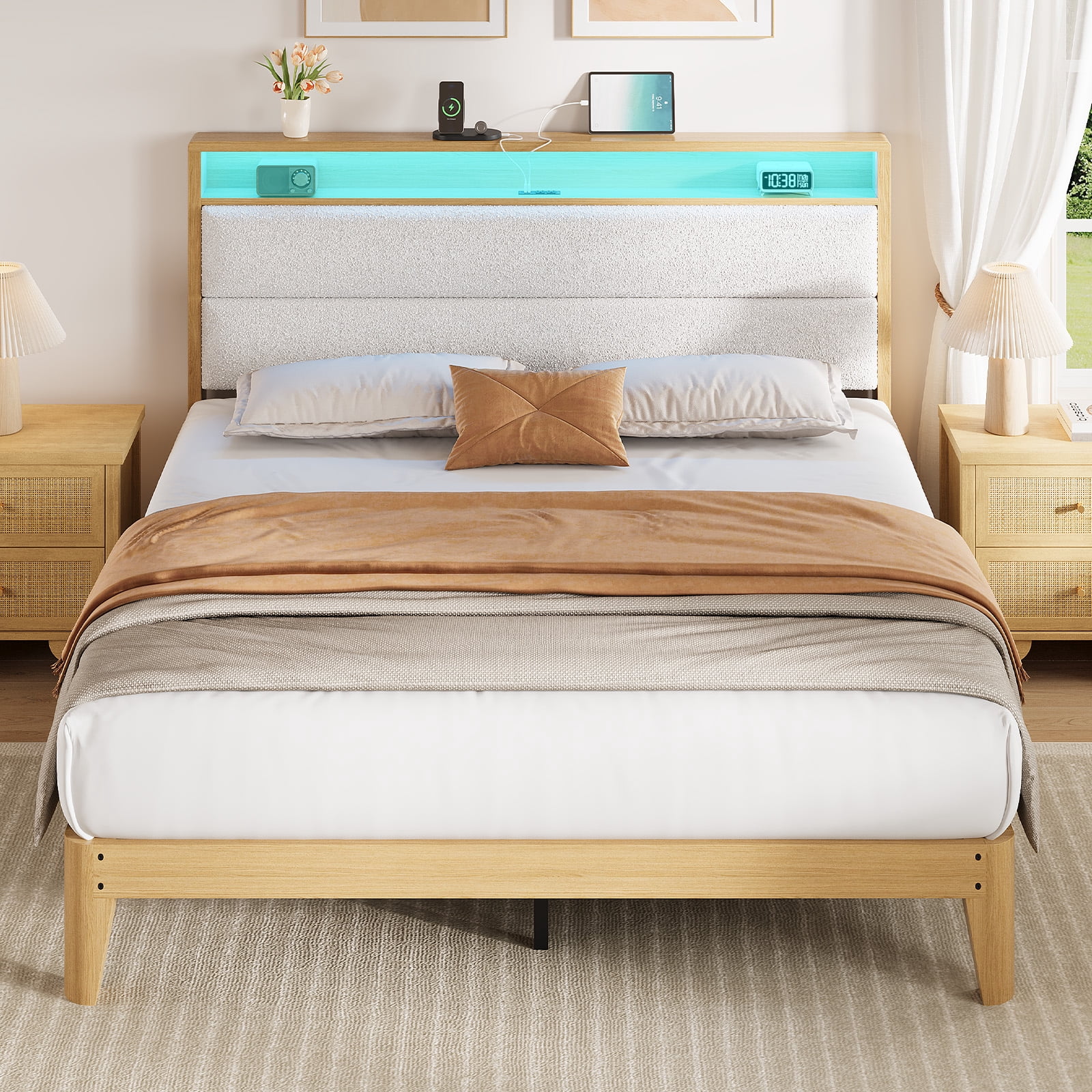 Queen Size Upholstered Bed Frame with LED Lights & Charging Station, Boucle Headboard Platform Bed with Wooden Slats, No Box Spring Needed, Easy Assembly，White