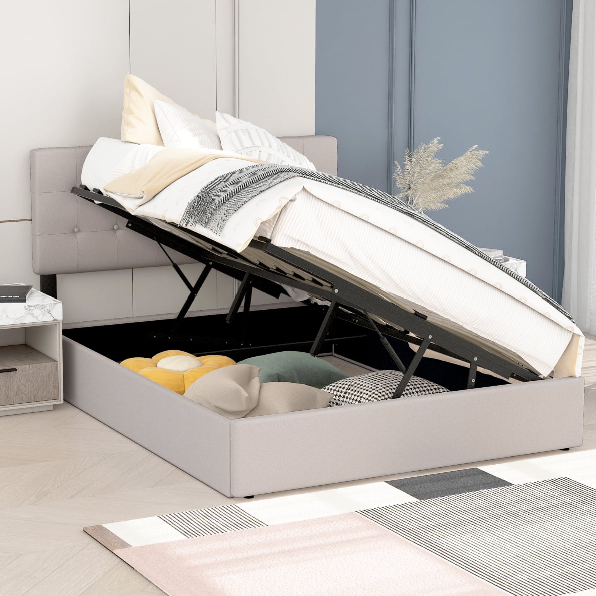 Queen Size Upholstered Bed Frame with Metal Frame and Wooden Slats, Platform Bed with Underneath