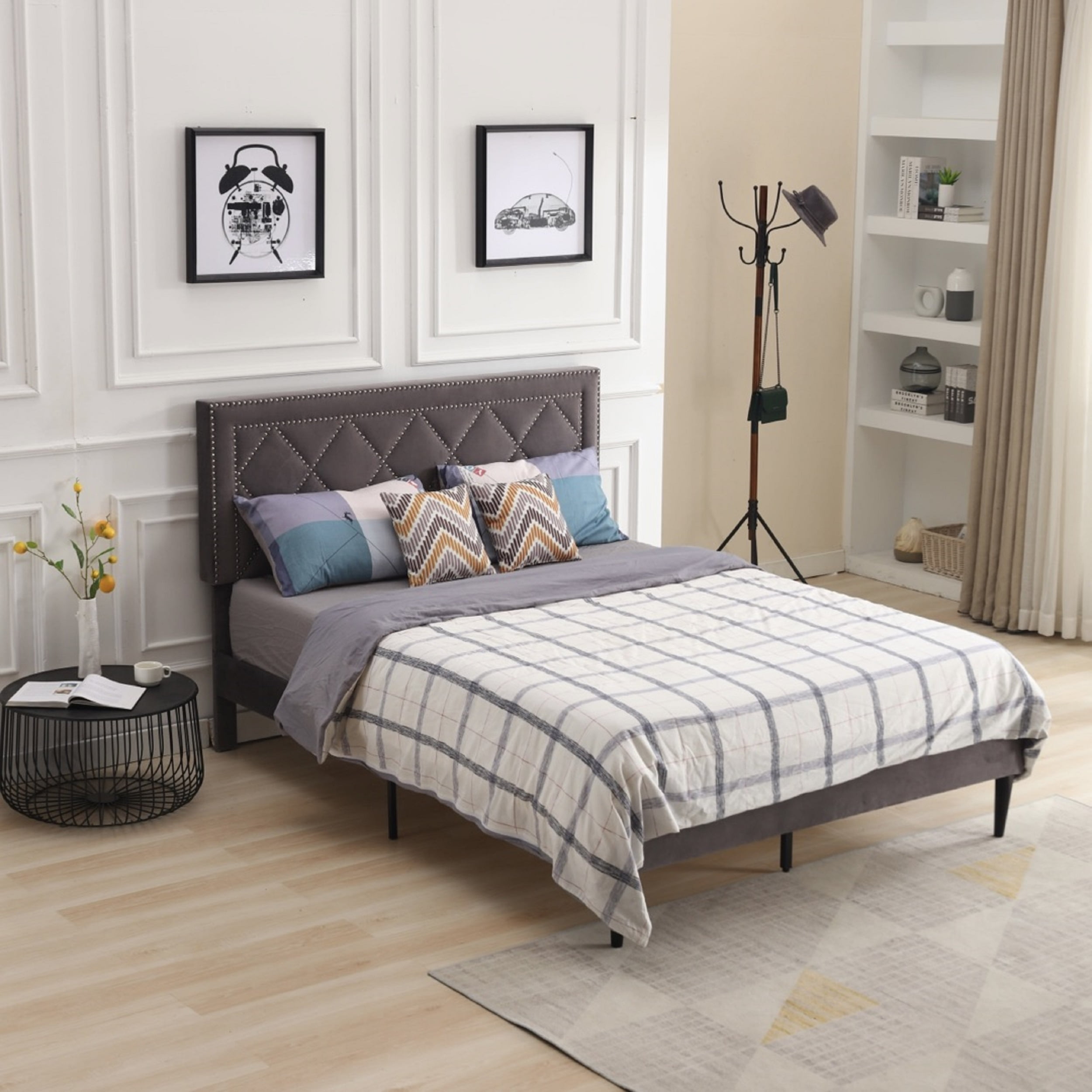Grey upholstered bed on sale with nailhead trim
