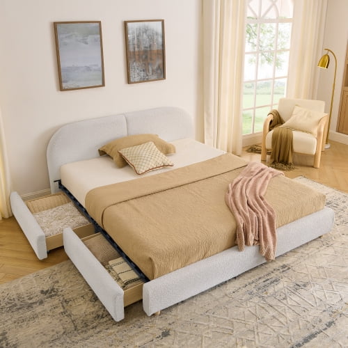 Queen Size Upholstered Bed Frame, Modern Minimalist Platform Bed with Curved Headboard, Circle Yarn Fabric, Wheeled Drawer Storage, Sturdy Support, No Box Spring Needed, Beige
