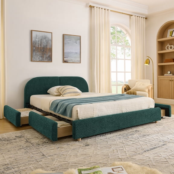 Queen Size Upholstered Bed Frame Modern Minimalist Style - Circle Yarn Fabric, Tall Curved Headboard, Sturdy Leg Support & Wheeled Drawer Storage, Mattress Not Included - Green