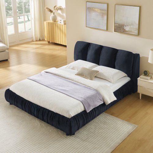 Queen Size Upholstered Bed Frame, Modern Minimalist Style with Segmented Plump Compressed Sponge Headboard, Shiny velvet & Sturdy Leg Support, Mattress Not Included-Black
