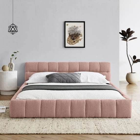 Queen Size Upholstered Bed Frame,No Box Spring Needed, Sturdy Solid Wood Platform Bed with Thick Chenille Fabric & Headboard , Easy Assembly, Modern Bedroom Upgrade, Durable Design, Pink