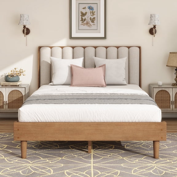 Queen Size Upholstered Bed Frame with Piano Key Headboard, Modern Wood Platform Bed with Wheat Fabric Headboard, Solid Pine Wood Frame, No Box Spring Needed, Mattress Not Included