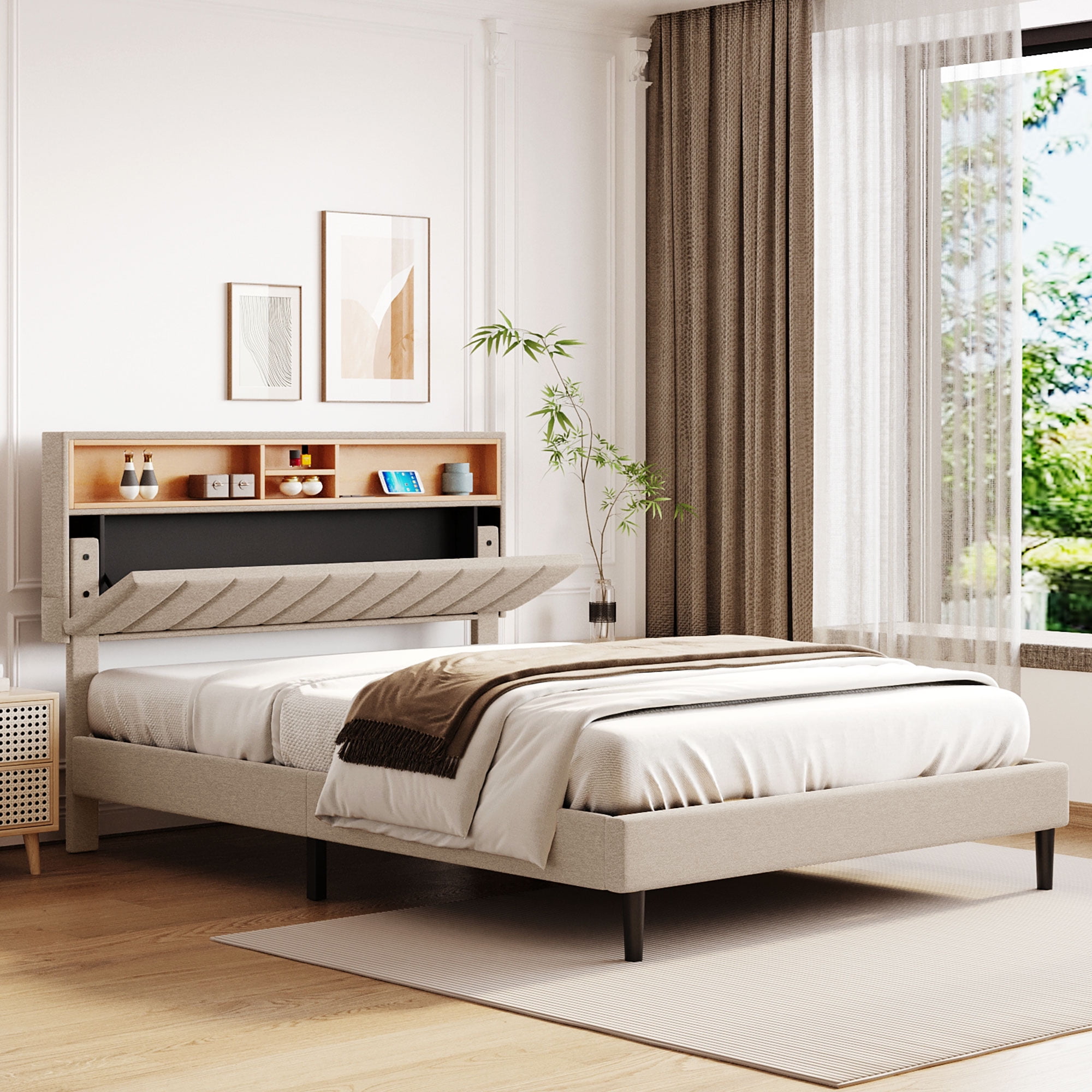 Queen Size Upholstered Bed Frame, Solid Wood Platform Bed with Storage