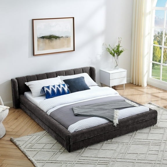 Queen Size Upholstered Bed Frame with Thick Fabric, Chenille Fabric Grounded Queen Size Platform Bed with Headboard and Solid Frame-DARK GREY(87''*67''*23.5'')
