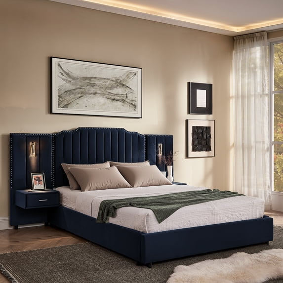 Queen Size Upholstered Bed Frame with Velvet Fabric, Vertical Stripe Design with Buttons, Headboard and Bedside Table - No Box Spring Needed (Dark Blue)