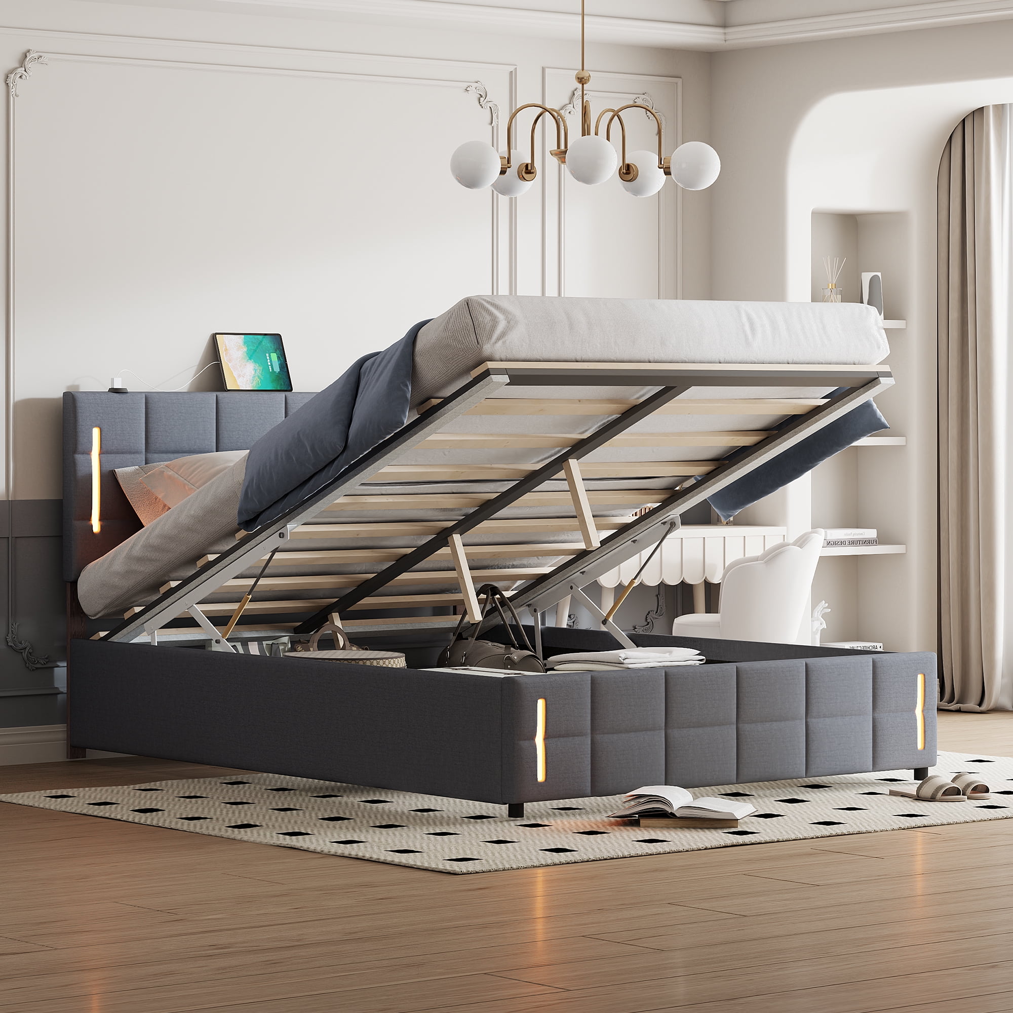 Queen Size Upholstered Bed Frame With Hydraulic Storage System And Led