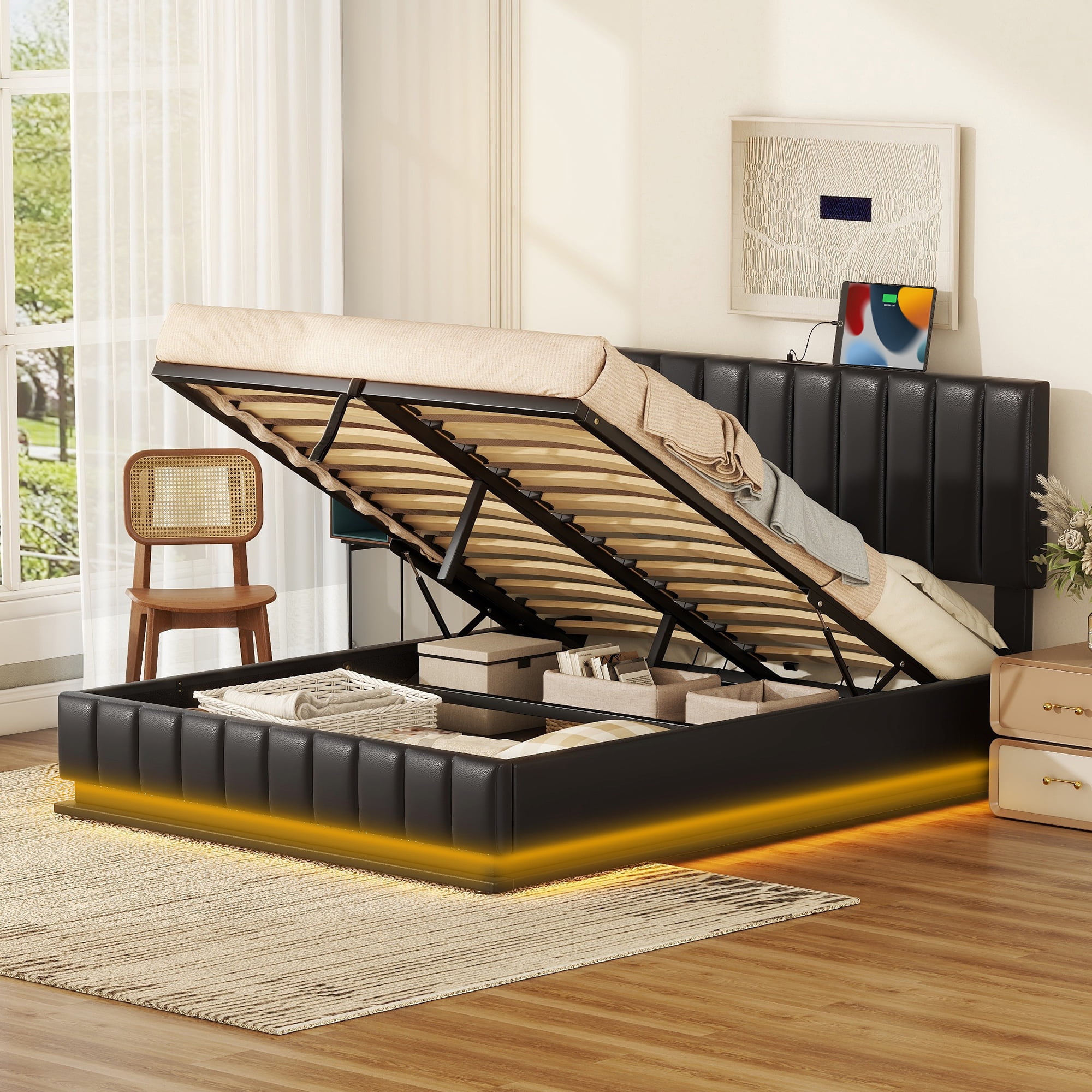 Queen Size Upholstered Bed Frame With Hydraulic Storage System And Led ...