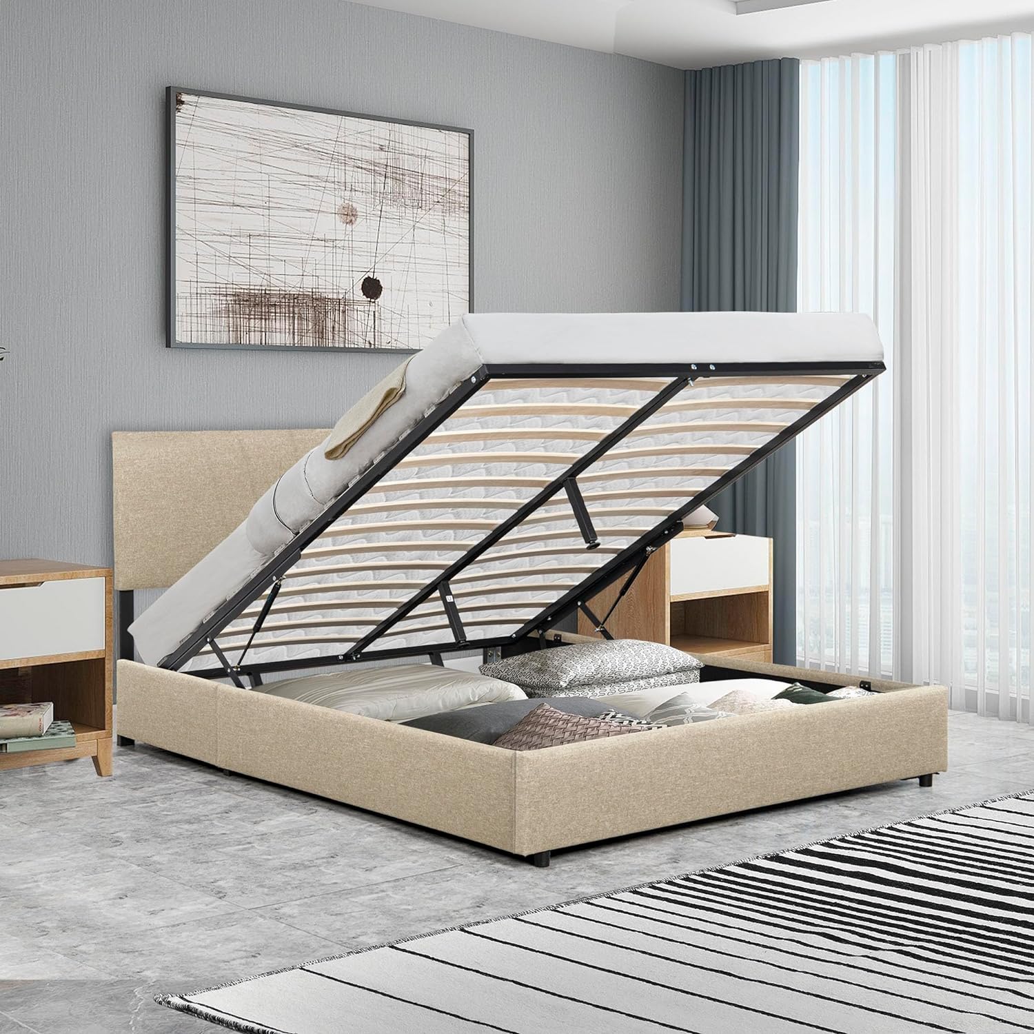 Queen Size Upholstered Bed Frame With Lift Up Storage,Queen Bed With A