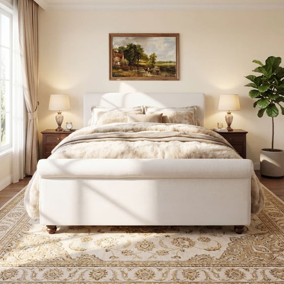 Queen Size Upholstered Bed Frame With Linen Fabric, Thick Headboard And Solid Wood Legs, White