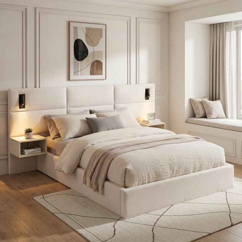 Queen Size Upholstered Bed Frame with 2 Reading Lights on Large Headboard, Storage Platform Bed Frame with 2 Open Shelves