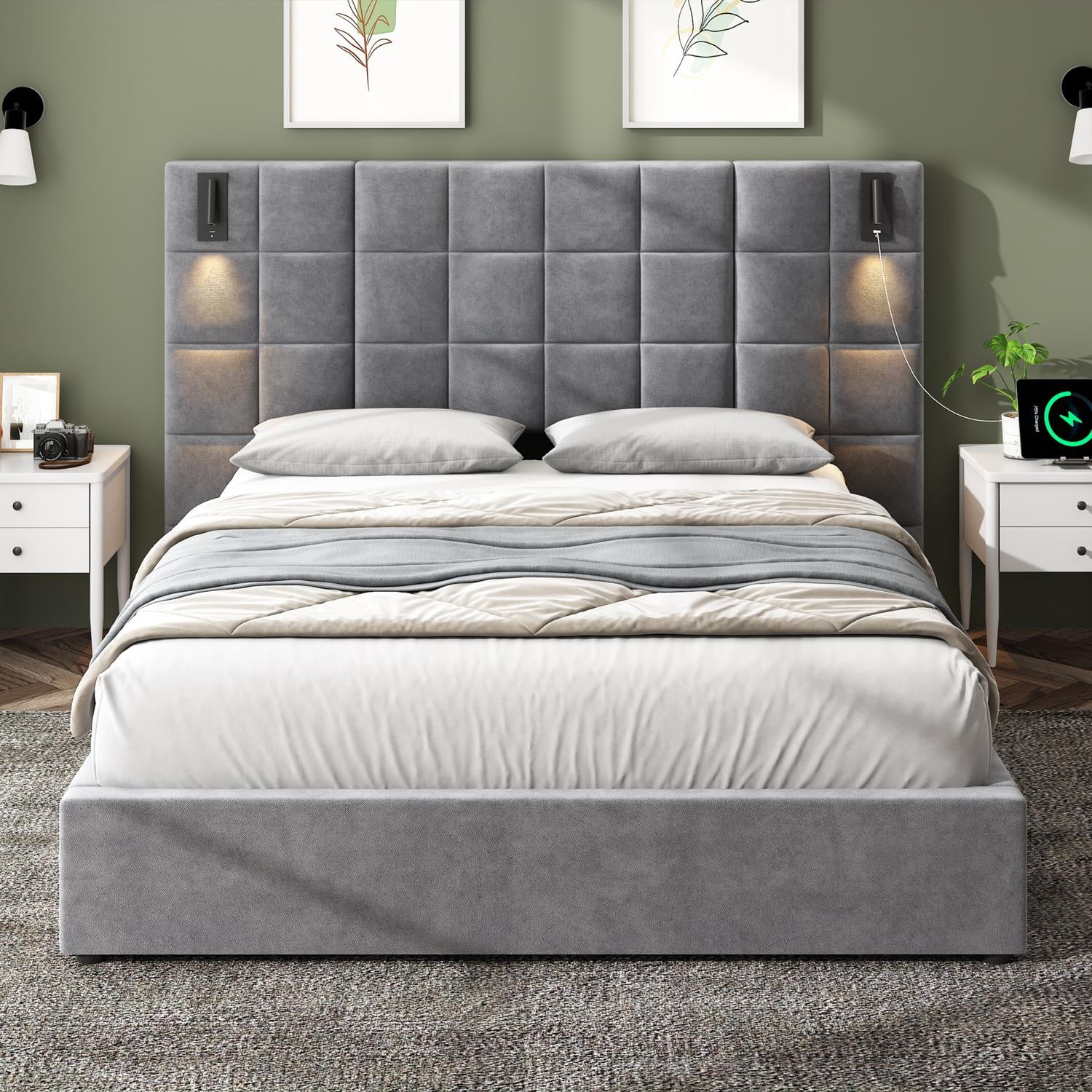Queen Size Upholstered Bed Frame with Adjustable Wall Sconce & USB Port, Velvet Platform Bed with Wide Padded Headboard for Bedroom, Gray