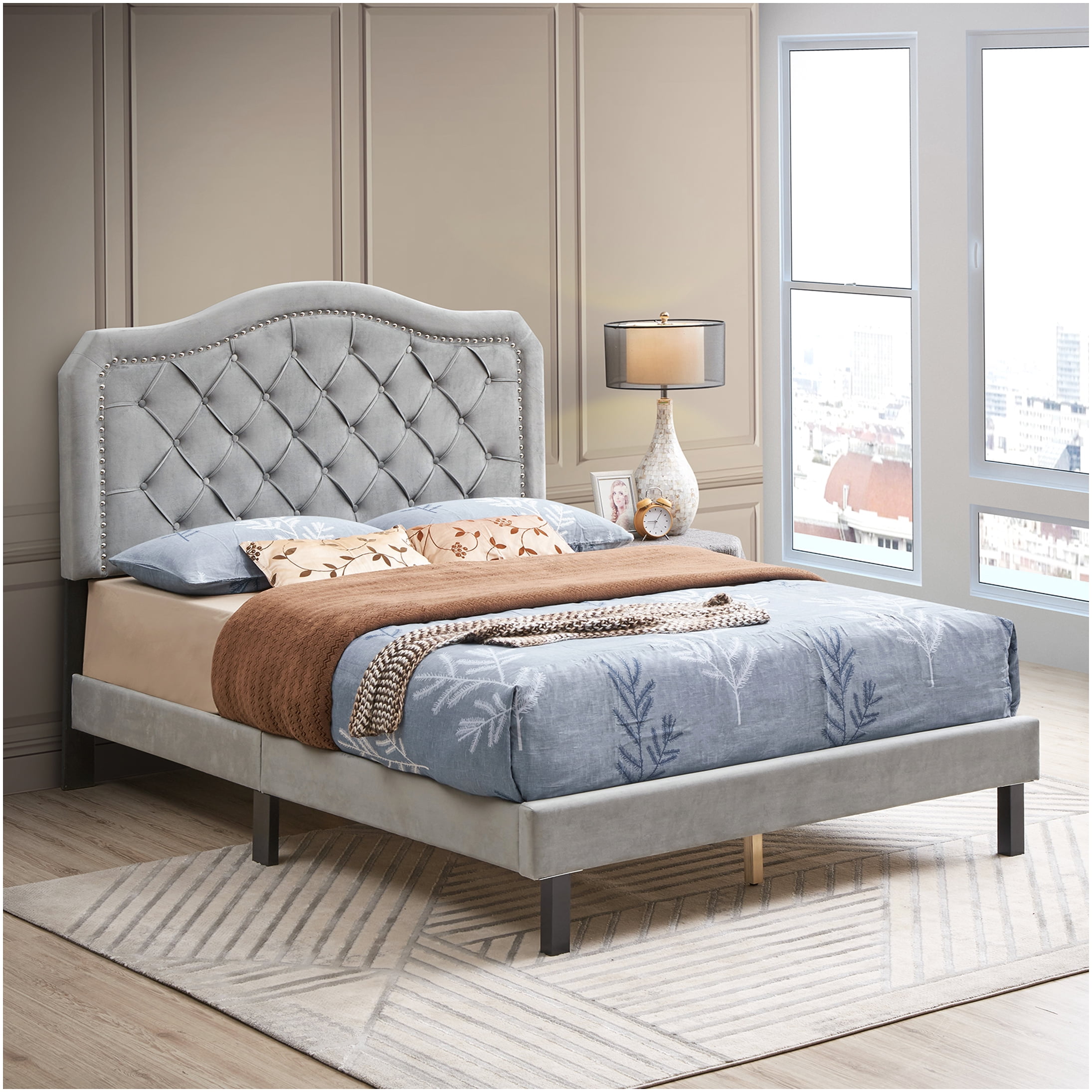 Queen Size Upholstered Bed Frame with Button Tufted Headboard, Velvet Fabric, No Box Spring Needed, Easy Assembly, Modern Platform Bed