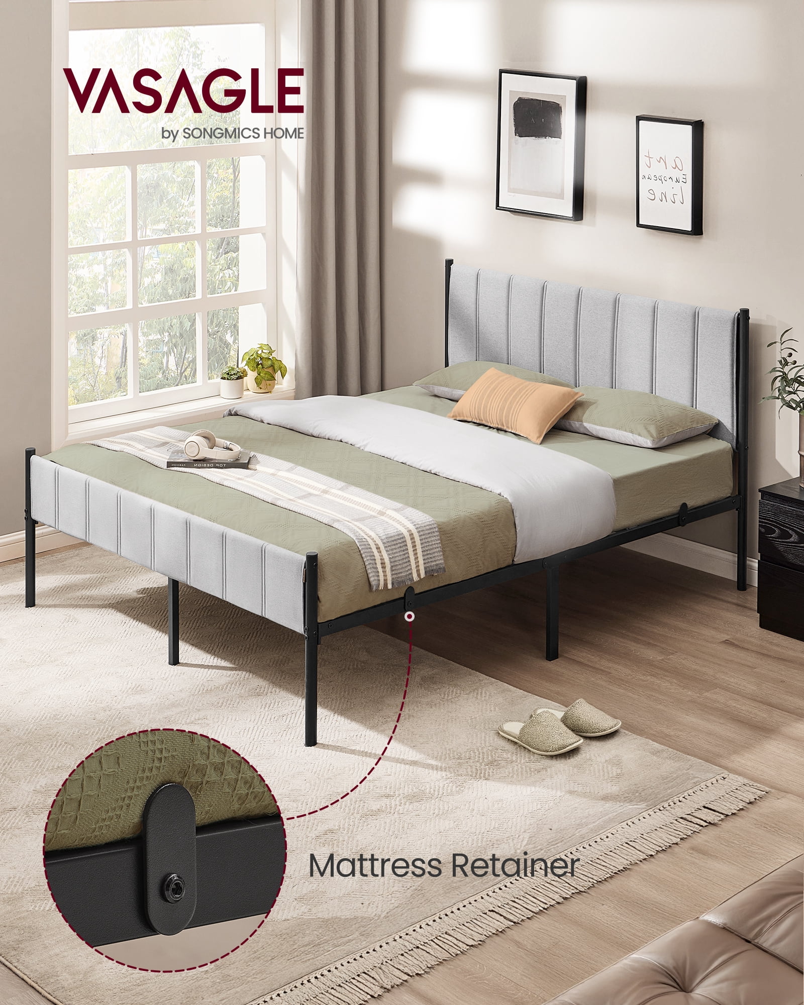 Queen Size Upholstered Bed Frame with Footboard, 1100 lb Capacity, Steel Slats, No Box Spring, Easy Assembly, Modern Minimalist, Dove Gray
