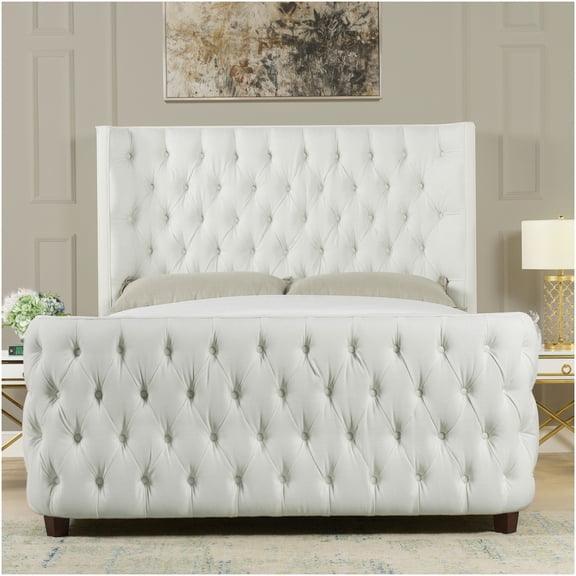 Queen Size Upholstered Bed Frame with Headboard & Footboard, Antique White Platform Bed, No Box Spring Needed, Wood Slat Support