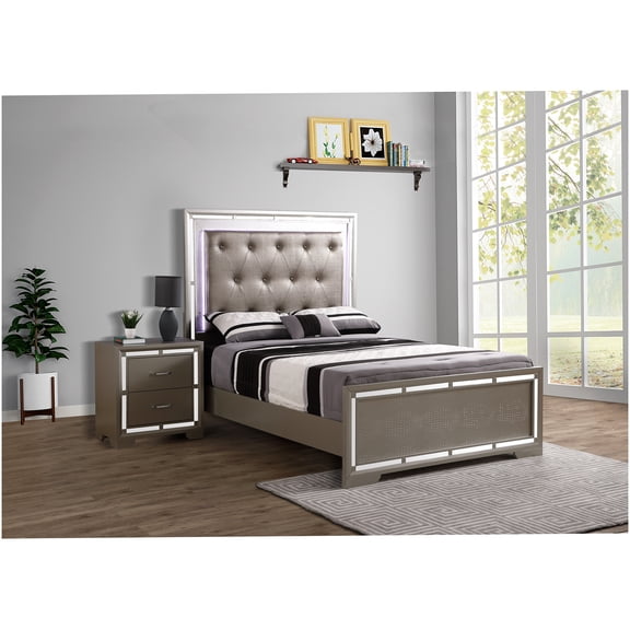 Queen Size Upholstered Bed Frame with Headboard, Modern Champagne Platform Bed, Mirror Accented Faux Leather Design, No Box Spring Required