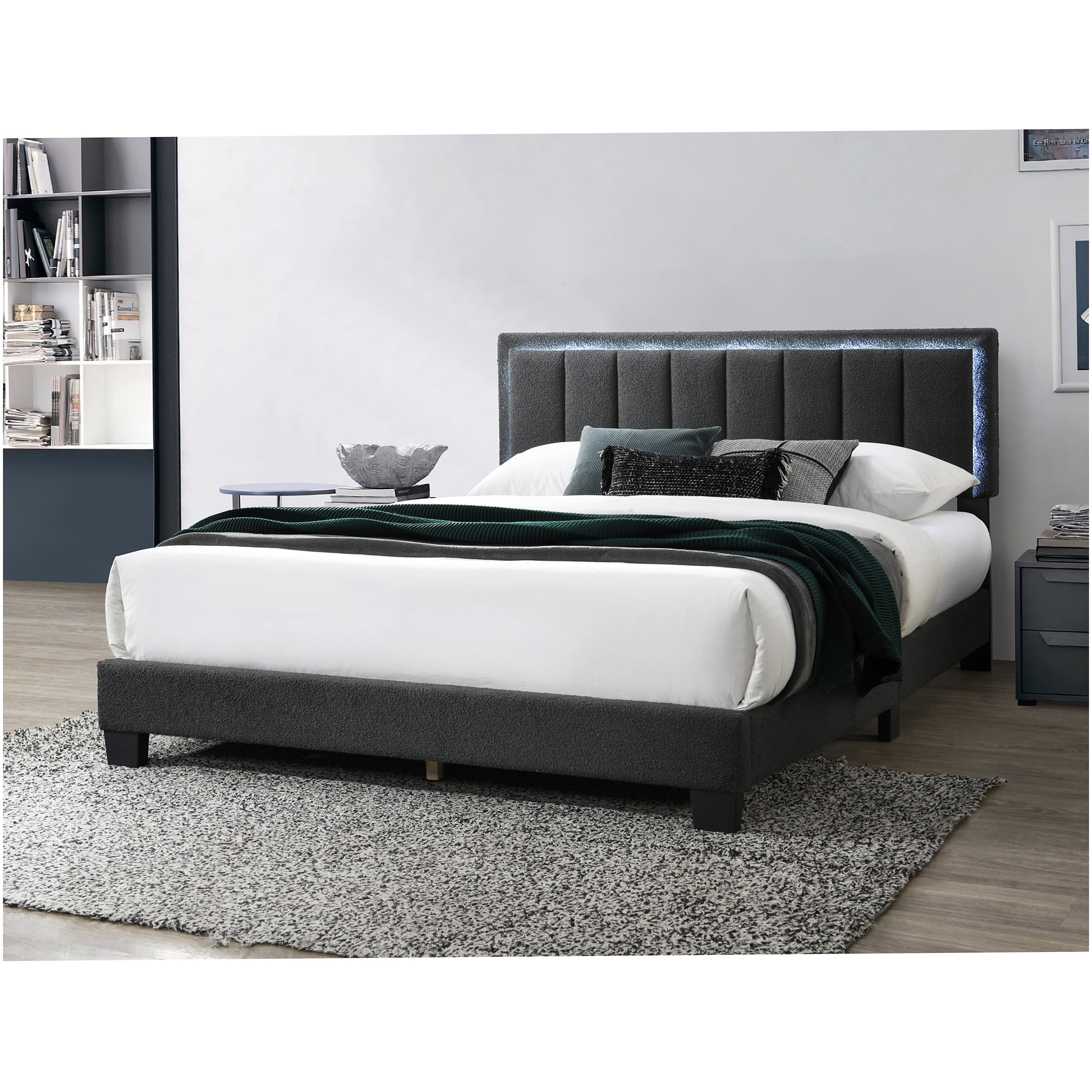 Queen Size Upholstered Bed Frame with LED Headboard, Channel Tufted Fabric Platform Bed, Modern Bedroom Furniture