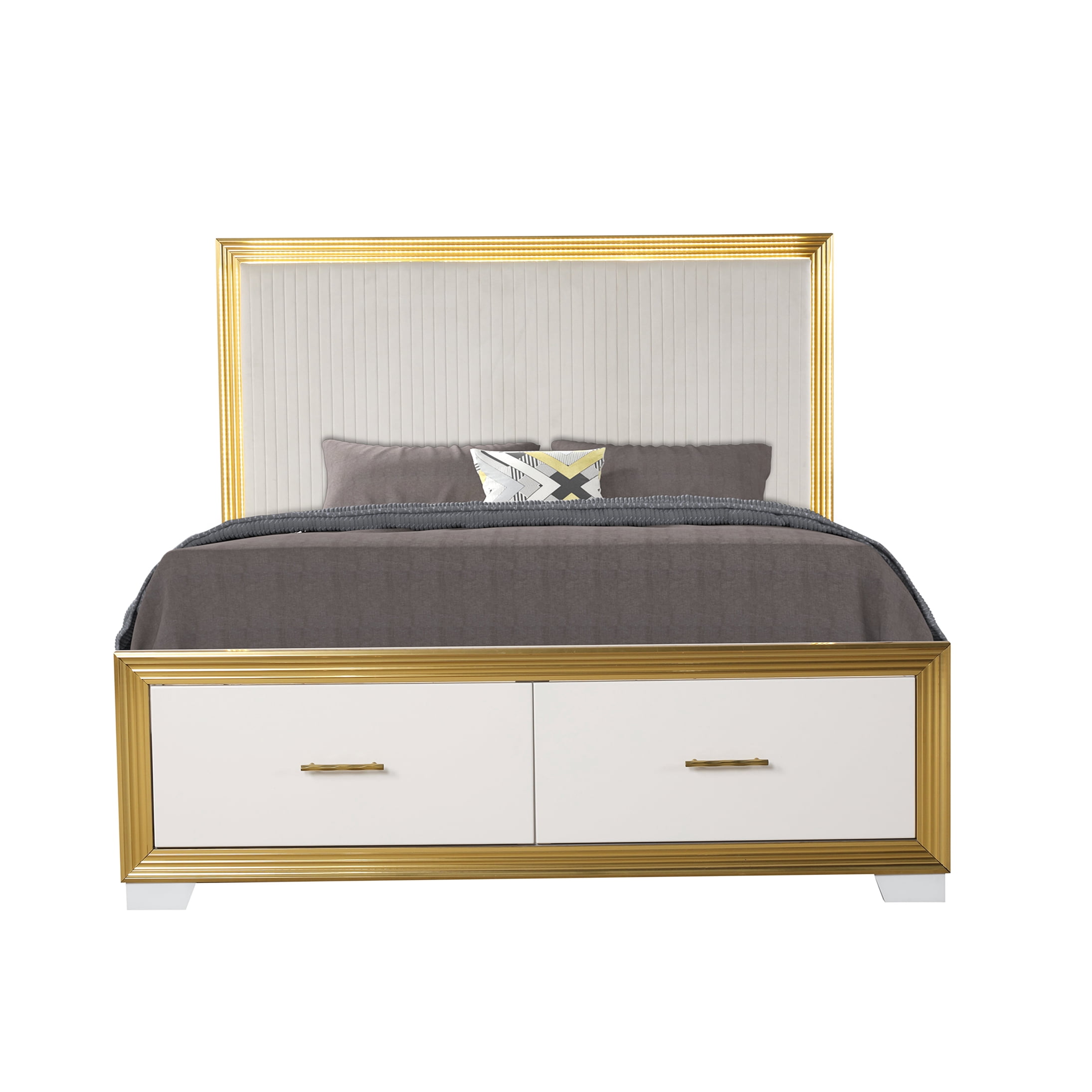 Queen Size Bed Frame with LED Headboard and Storage, Upholstered Platform Bed with Gold Finish