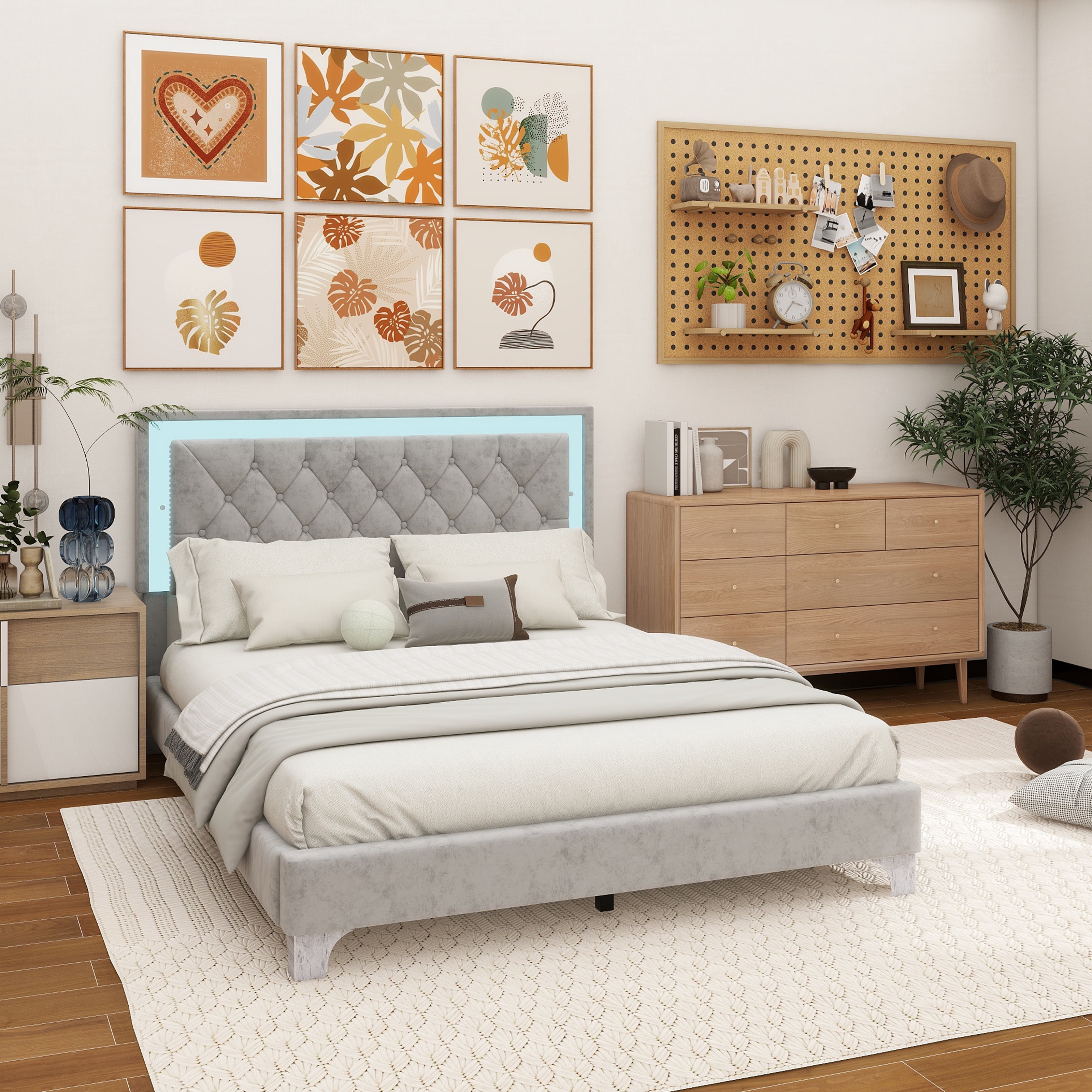 Queen Size Upholstered Bed Frame with LED Lights,Modern Velvet Platform ...