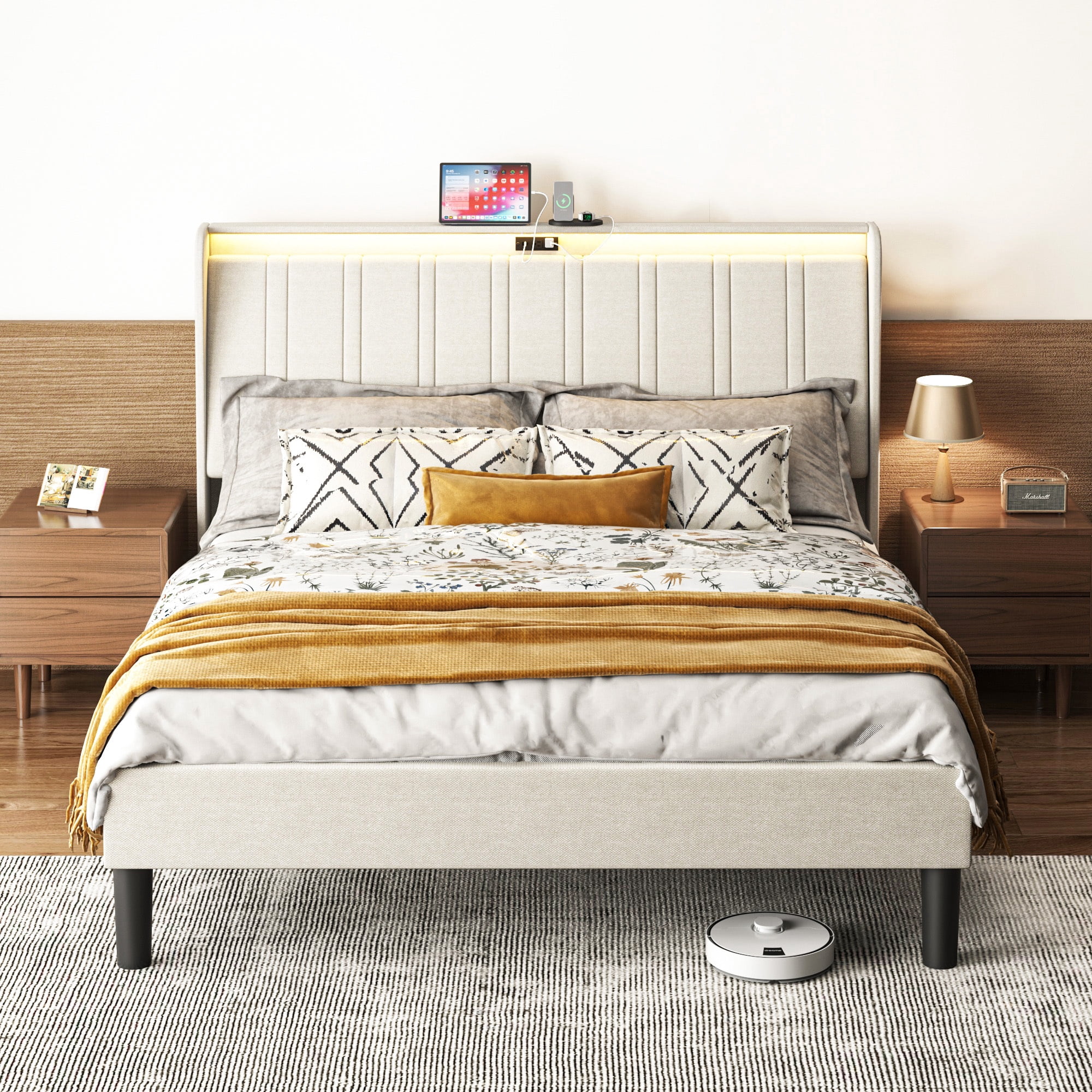 Queen Size Upholstered Bed Frame with LED Lights, Platform Bed Frame with Fabric Upholstered Headboard, Beige