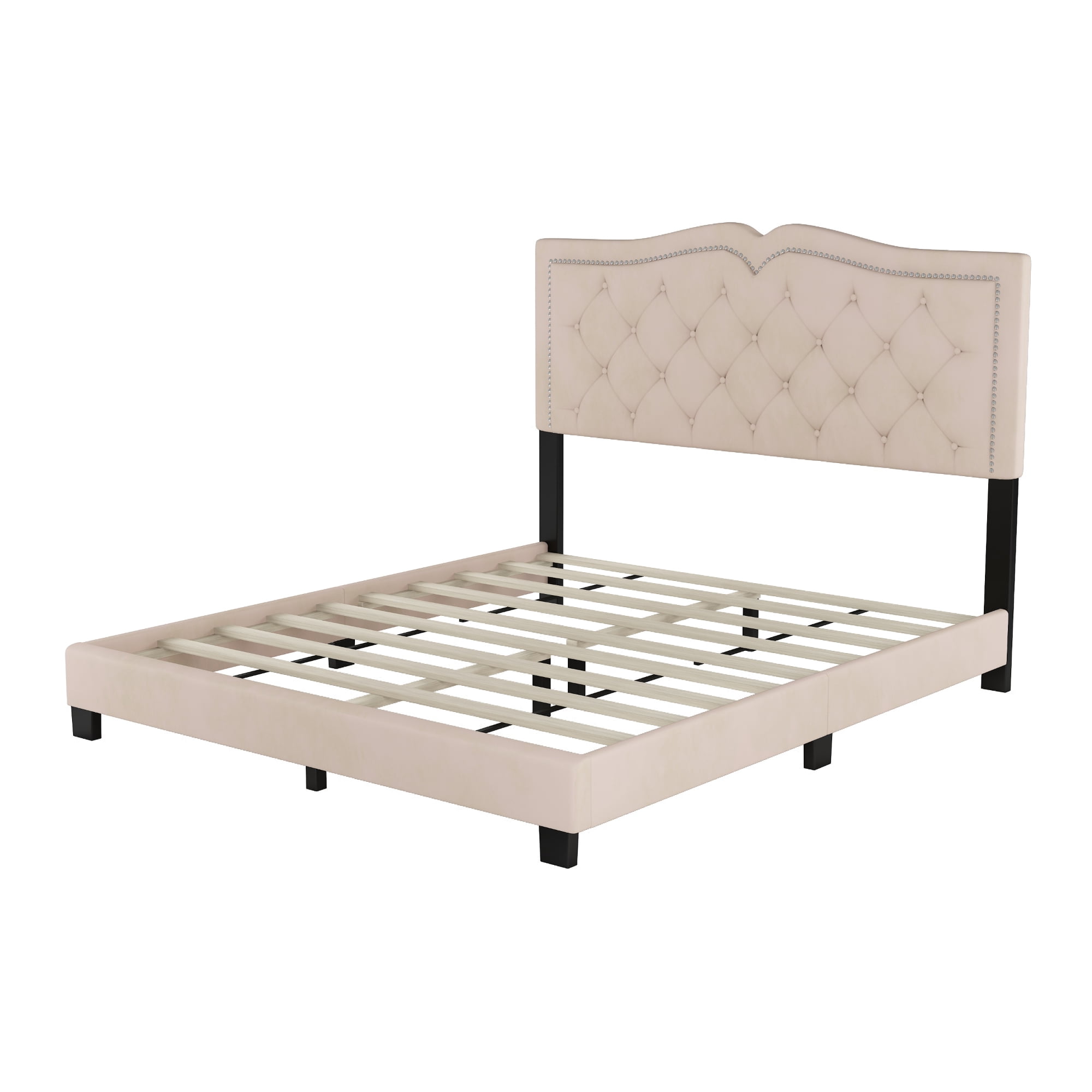 Queen Size Upholstered Bed Frame - Velvet Tufted Headboard with Rivet Design, Beige, 700LBS Capacity, No Box Spring Needed​