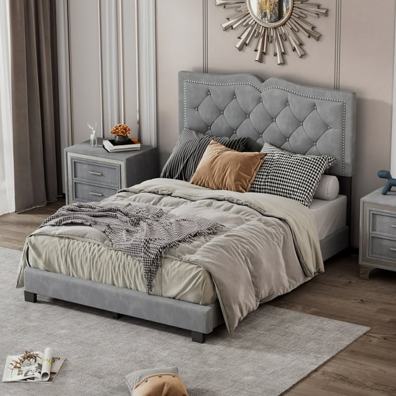 Queen Size Upholstered Bed Frame with Rivet Design, Modern Velvet Platform Bed with Tufted Headboard,Pink