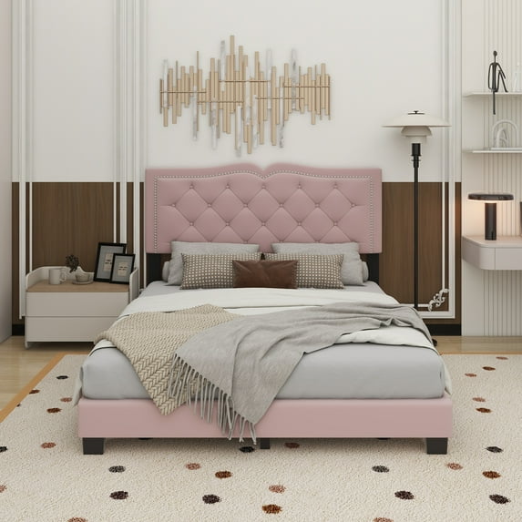 Queen Size Upholstered Bed Frame with Rivet Design, Modern Velvet Platform Bed with Tufted Headboard,Pink
