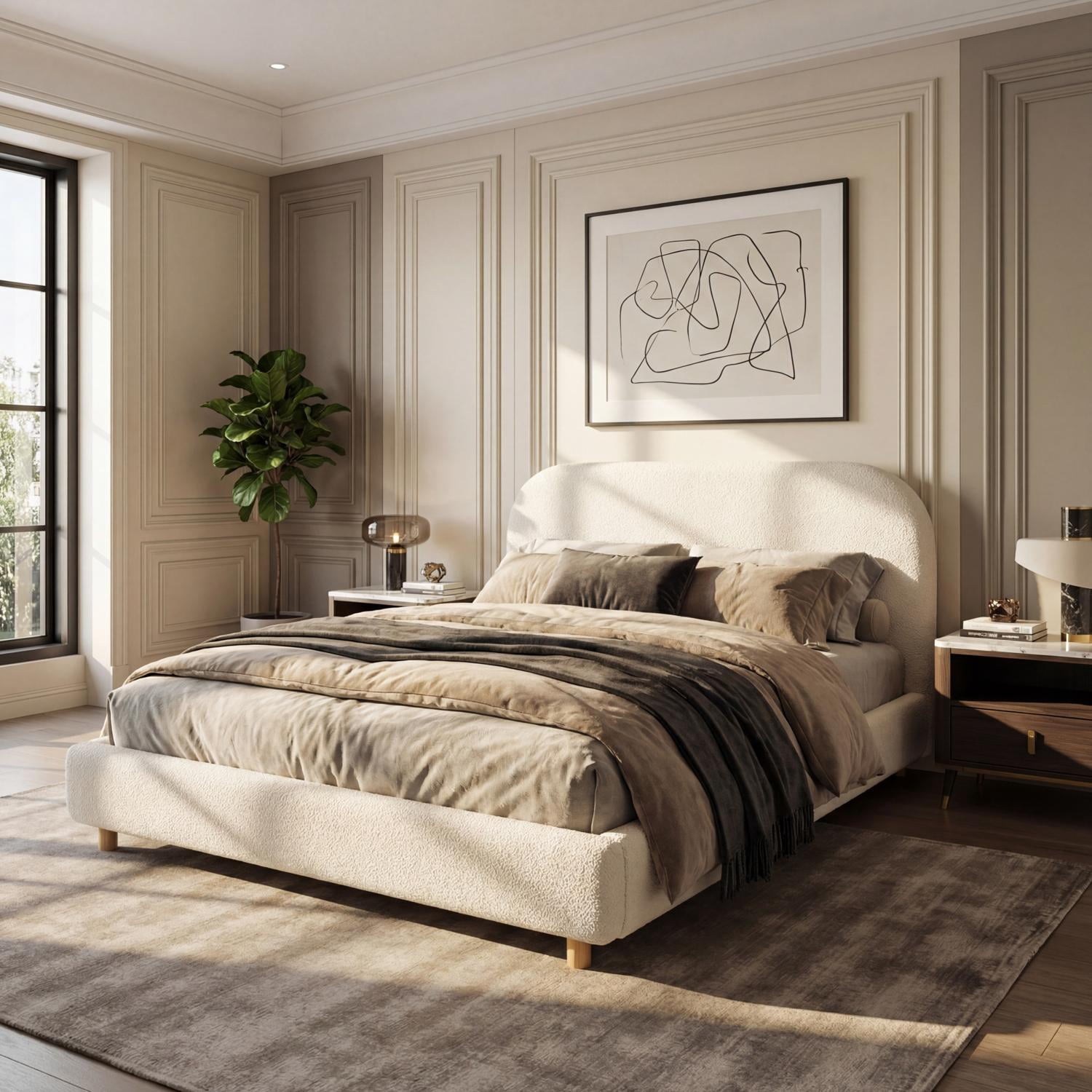 Queen Size Upholstered Bed Frame with Soft Boucle Fabric, Curved Thick Padded Headboard & Solid Wood Legs, Platform Bed for Bedroom, White