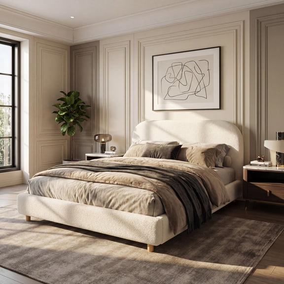 Queen Size Upholstered Bed Frame with Soft Boucle Fabric, Curved Thick Padded Headboard & Solid Wood Legs, Platform Bed for Bedroom, White
