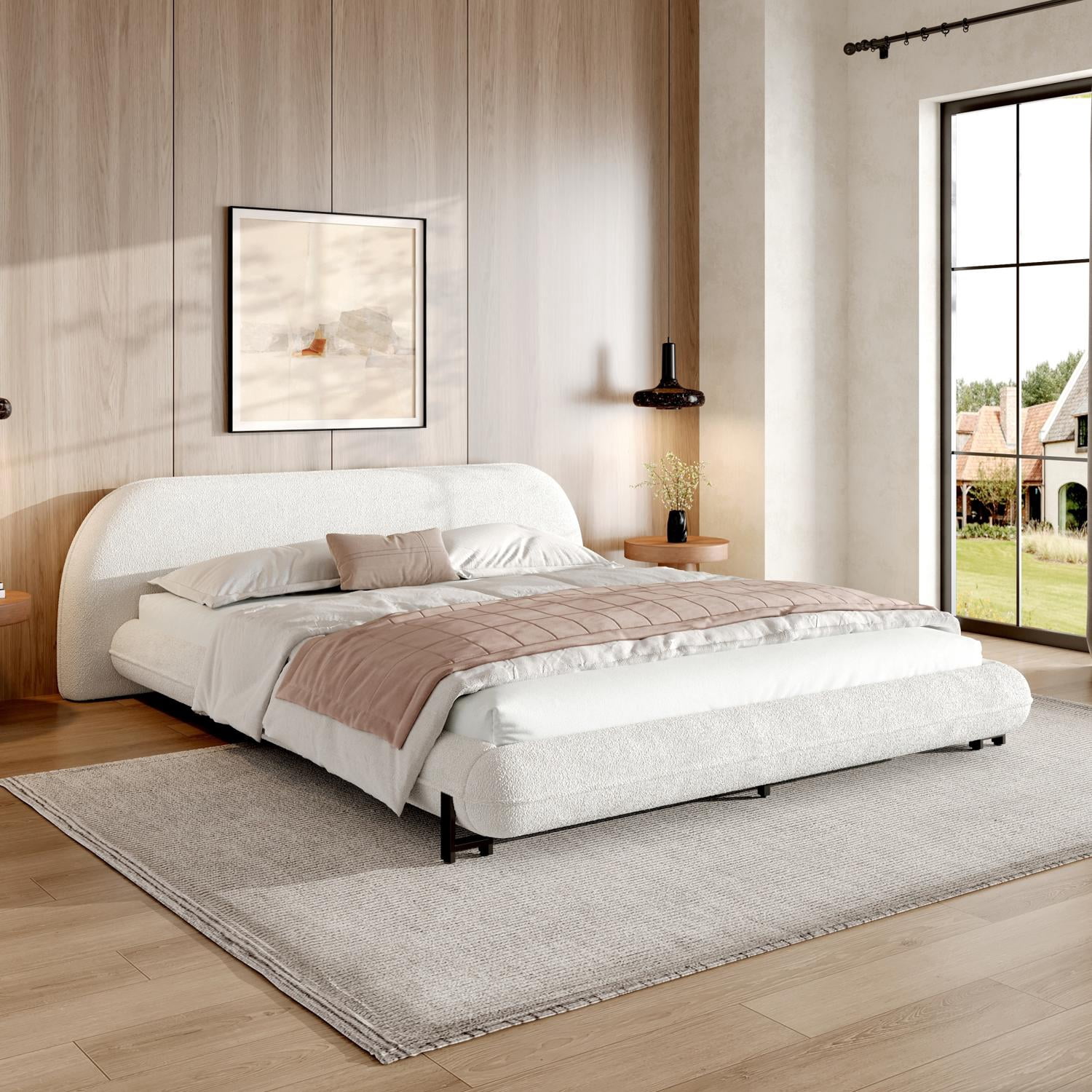 Queen Size Upholstered Bed Frame with Soft Boucle Fabric & Steel Legs, Thick Padded Headboard Platform Bed for Bedroom, White