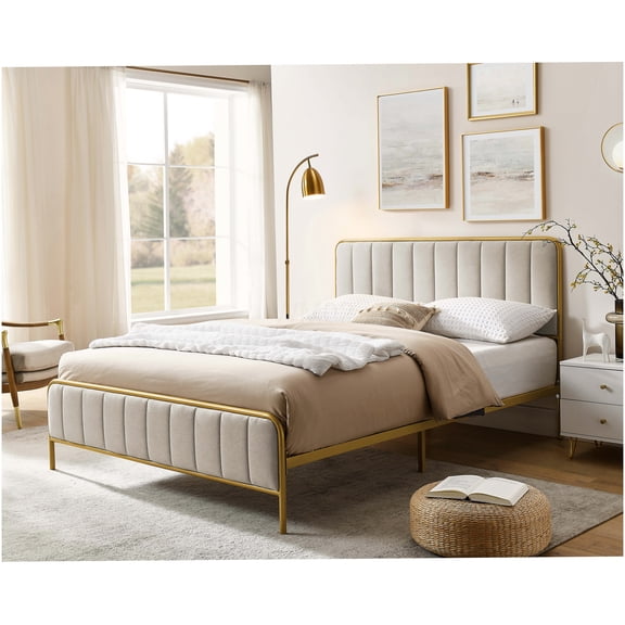 Queen Size Upholstered Bed Frame with Tufted Headboard, Modern Velvet Platform Bed with Wood Slat Support, No Box Spring Needed, Khaki