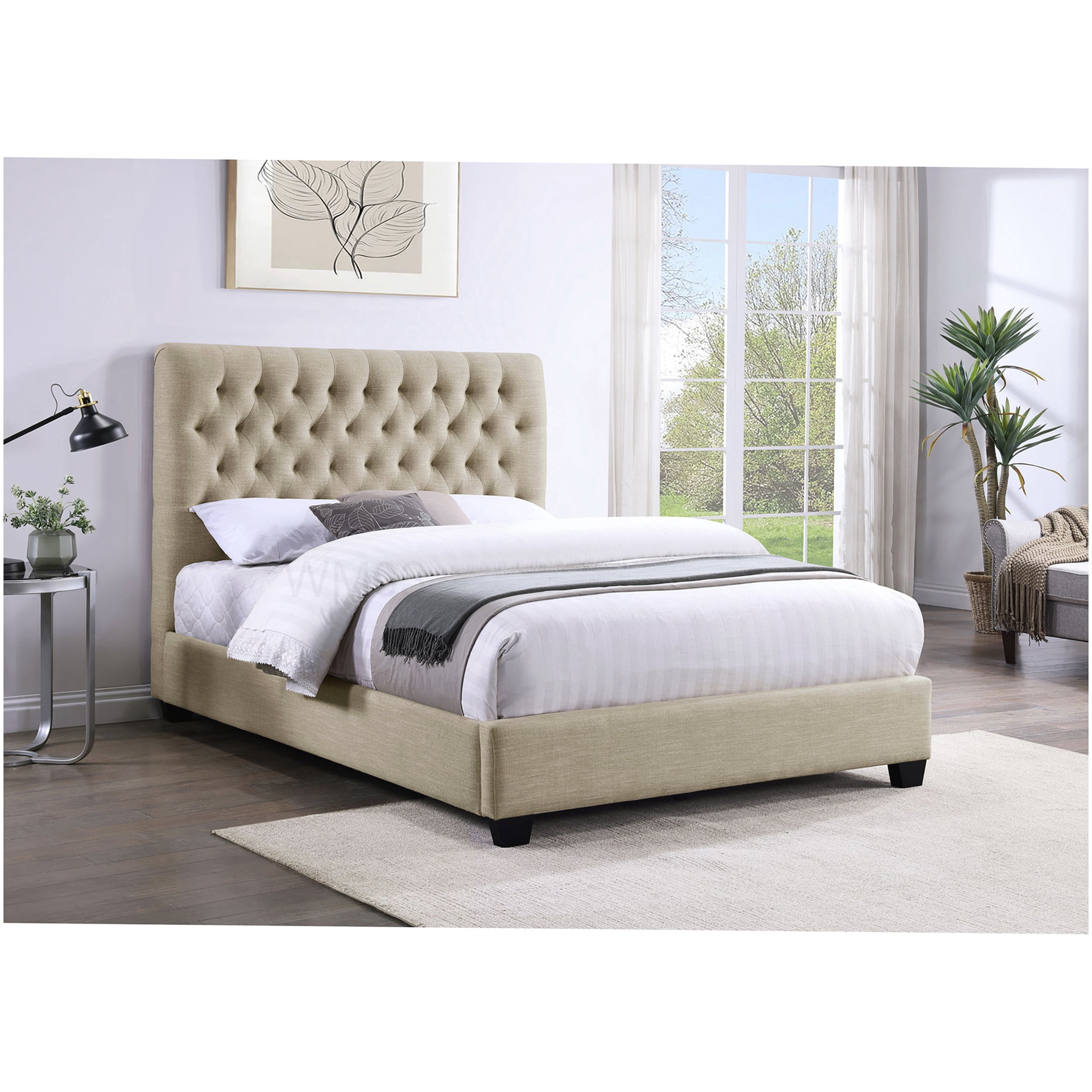Queen Size Upholstered Bed Frame with Tufted Wingback Headboard in Neutral Linen