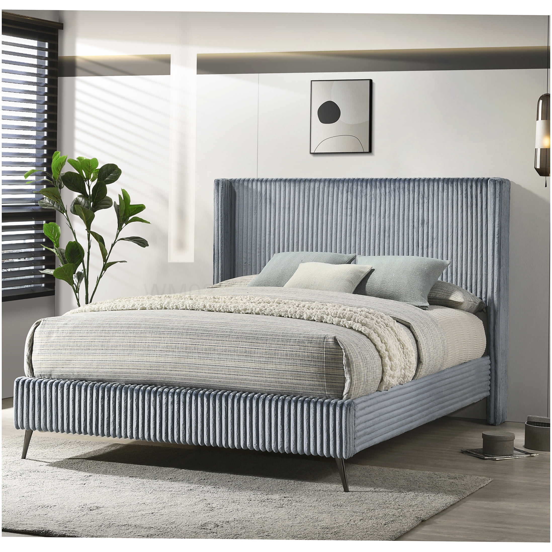 Queen Size Upholstered Bed Frame with Wingback Headboard, Blue Corduroy Fabric, No Box Spring Needed