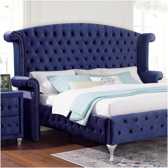 Queen Size Upholstered Bed Frame with Wingback Headboard, Blue Velvet Fabric, Tufted Button Design and Nailhead Trim