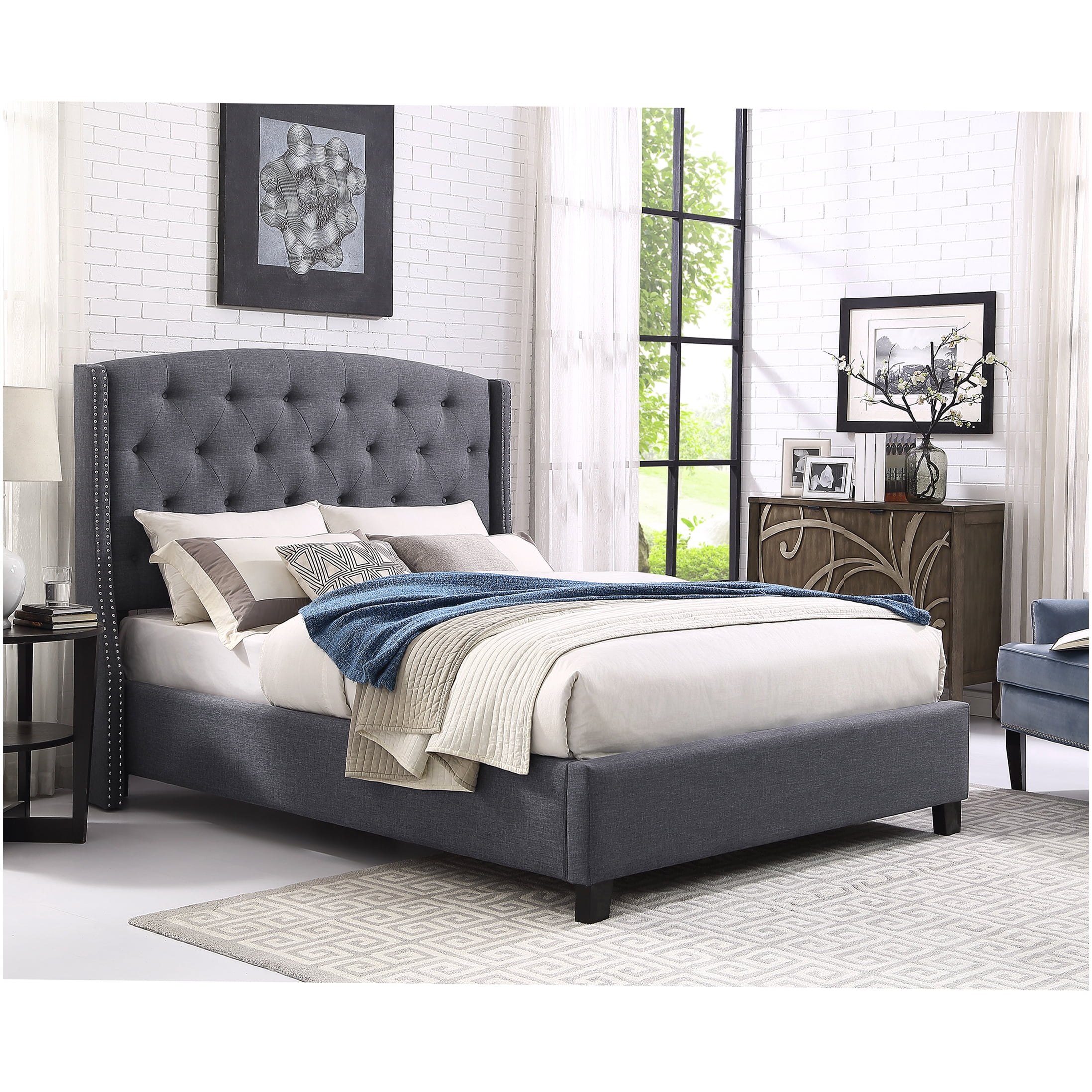 Queen Size Upholstered Bed Frame with Wingback Headboard, Nailhead Trim and Button Tufted Accents, Gray Fabric
