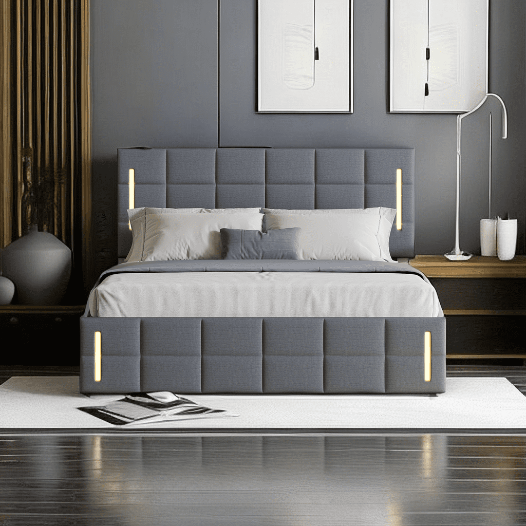 Queen Size Upholstered Bed with Hydraulic Storage System and LED Light ...