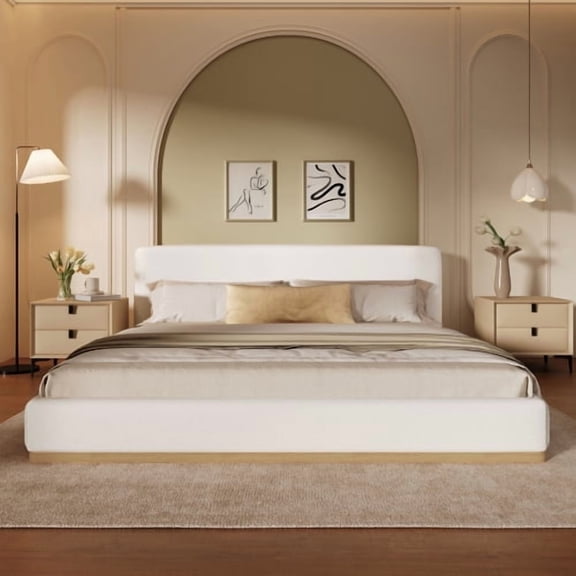 Queen Size Upholstered Bed, Modern Velvet Platform Bed with Solid Wood Frame, White Fabric Bed for Bedroom