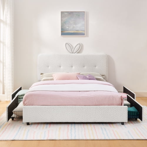 Queen Size Upholstered Bed with Oversized Rabbit Ear Headboard, LED Lights and 4 Storage Drawers, Boucle Fabric Platform Bed Frame with Button Remote, for Bedroom, Beige