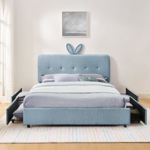 Queen Size Upholstered Bed with Oversized Rabbit Ear Headboard, LED Lights and 4 Storage Drawers, Boucle Fabric Platform Bed Frame with Button Remote, for Bedroom, Navy