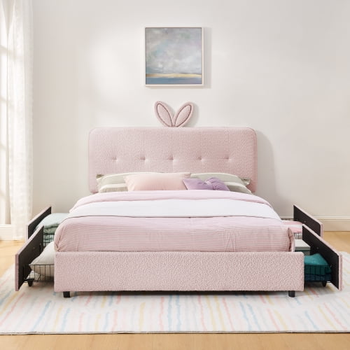 Queen Size Upholstered Bed with Oversized Rabbit Ear Headboard, LED Lights and 4 Storage Drawers, Boucle Fabric Platform Bed Frame with Button Remote, for Bedroom, Pink