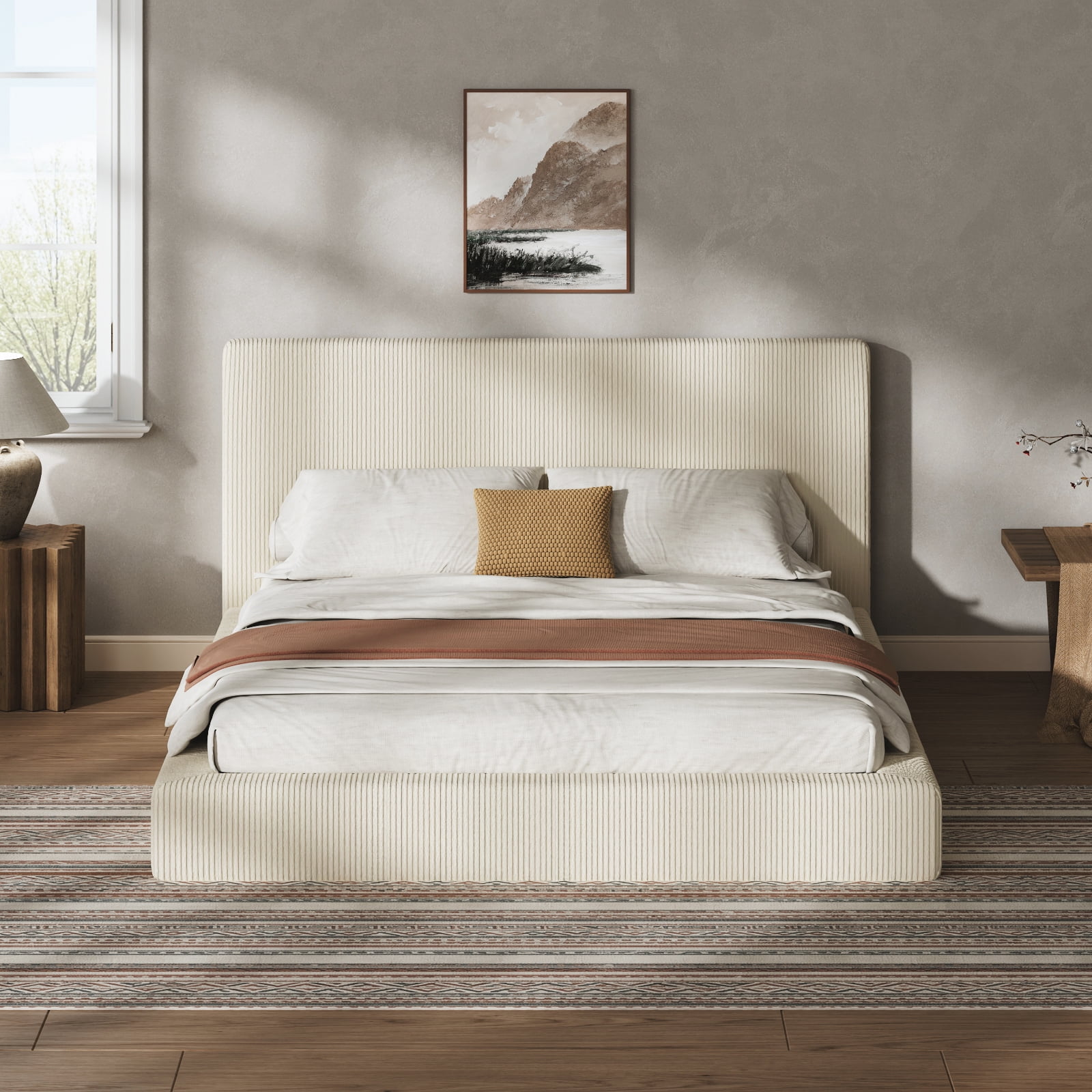 Queen Size Upholstered Bed Surround, Soft Corduroy Cushioned Bed Surround with High-Density Sponge, Low Profile Bedroom Bed Surround, Cream, Bed Frame Not Included