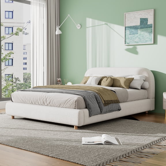 Queen Size Upholstered Bed With Boucle Fabric,Curved-Shape Design Thick Headboard, Solid