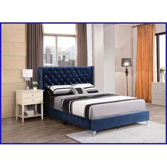 Queen Size Upholstered Bed with Cooling TempaGel Mattress Navy Blue for Master Bedroom